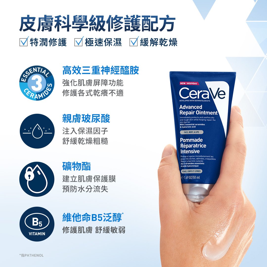 皮膚科學級修護配方，含高效三重神經醯胺、礦物酯、B5泛醇