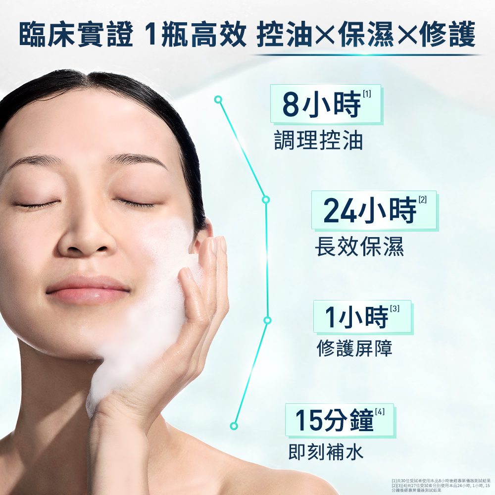 1瓶高效，8hr控油、24hr保濕修護、15min即刻補水