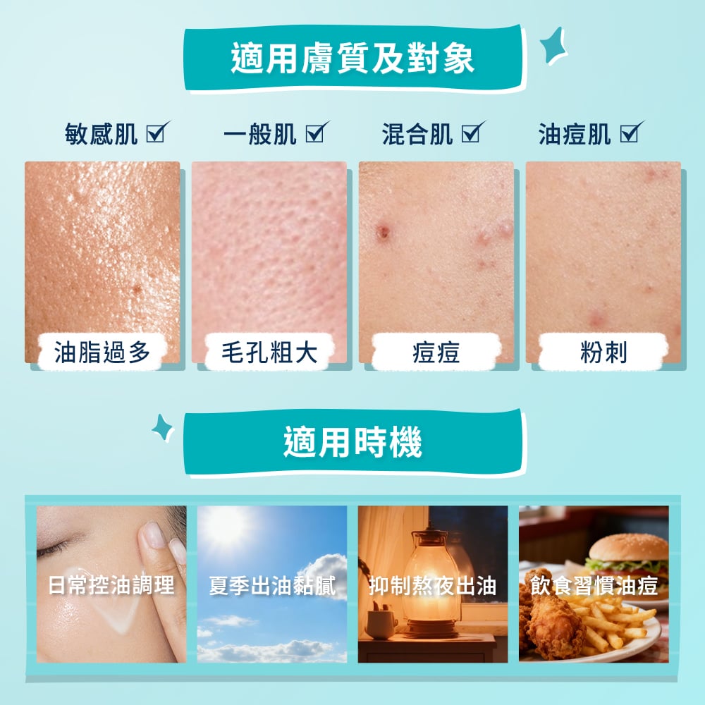 適用敏感肌、一般肌、混合肌、油痘肌
