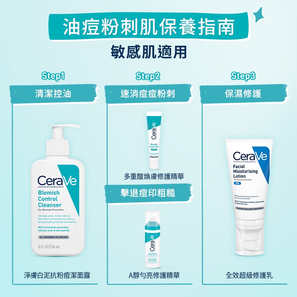 油痘粉刺肌保養指南，搭配淨膚白泥抗粉痘潔面露及A醇勻亮修護精華效果更佳